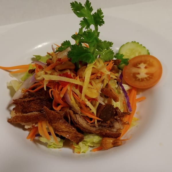 Crispy duck salad with shredded mango, carrots, red onion, and cilantro, garnished with cucumber and tomato.